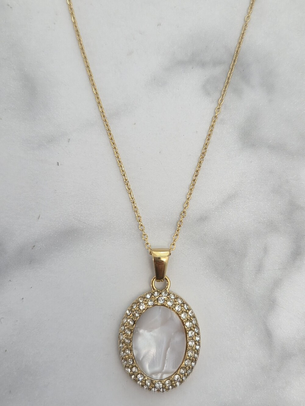 Gold Oval Mother of Pearl Rhinestone Pendant Necklace